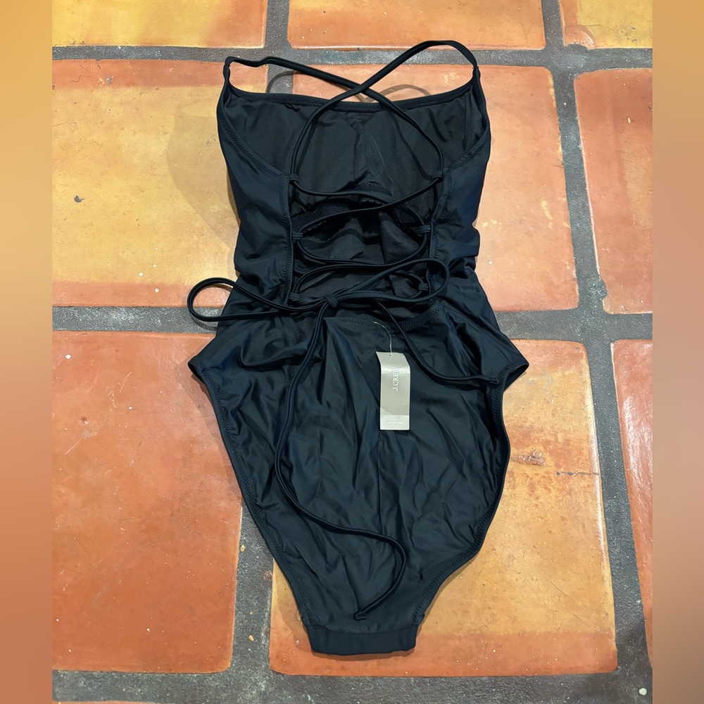 NWT: J. Crew Women’s Swimsuit with Lace-Up Tie | Black One-Piece Swimsuit - Picture 2 of 3